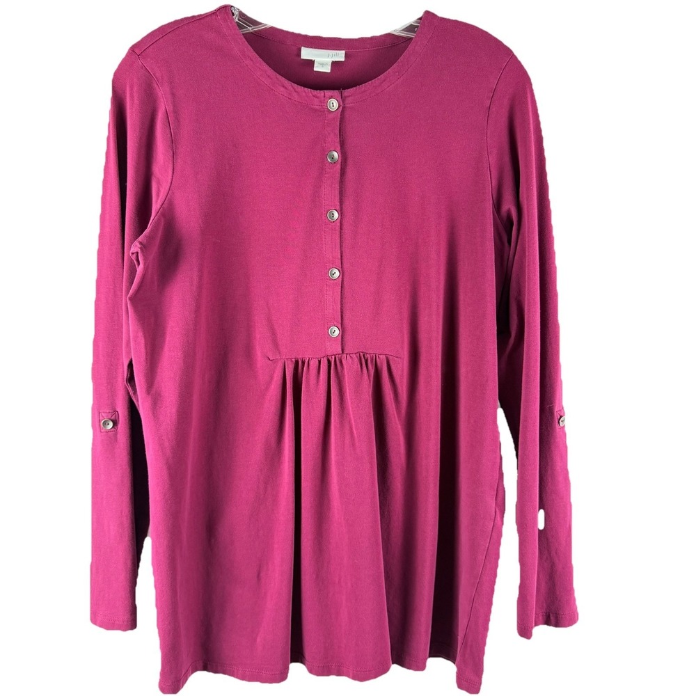 JJill Henley Top Magenta Roll Tab Sleeves Shirted Waist‎ Lagenlook Minimal Sz S